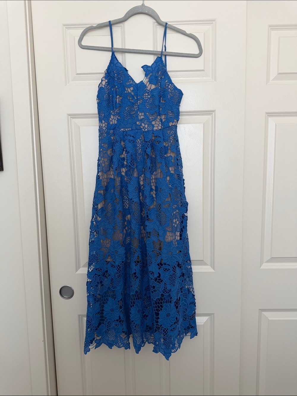 Umgee Cobalt Blue Floral Lace Midi Dress with Spaghetti Straps